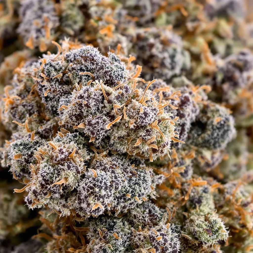 Primer plano de cogollo de cannabis Shishkaberry mostrando cálices densos con tonos morados