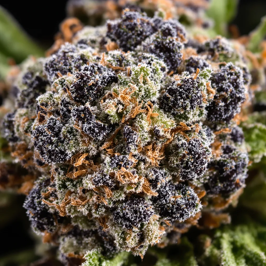 Primer plano de cogollo de cannabis Shiva Skunk mostrando cálices densos con tonos morados