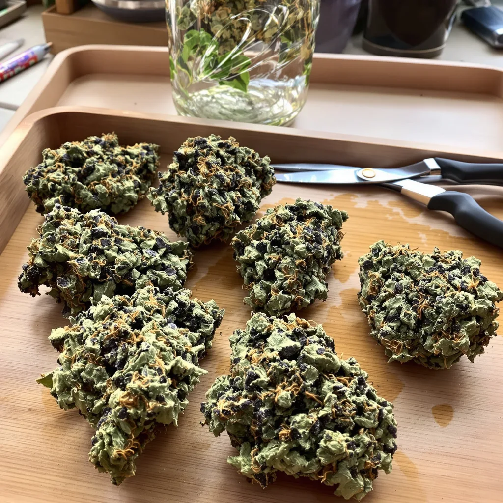 Shoreline 81% indica / 19% sativa — flor con tricomas visibles