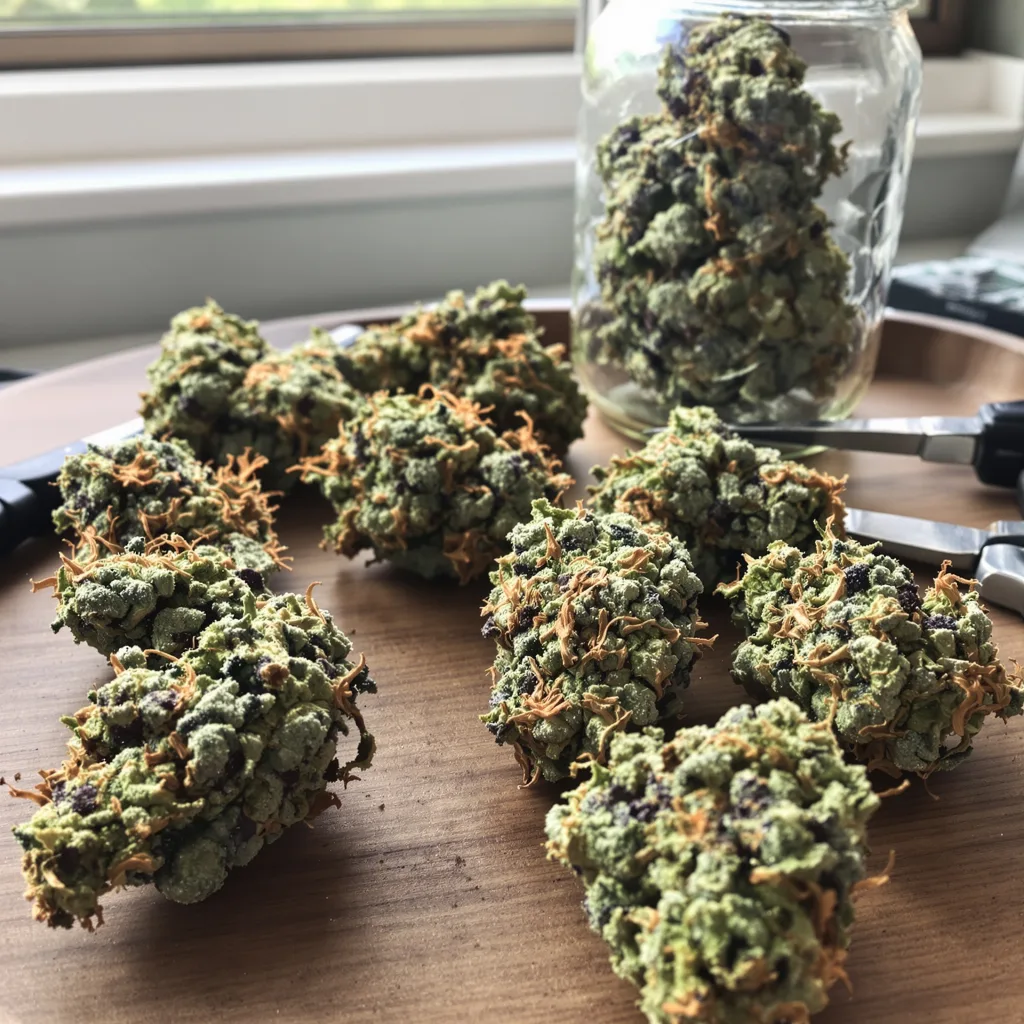 Silverfalls Kush 40% indica / 60% sativa — flor con tricomas visibles