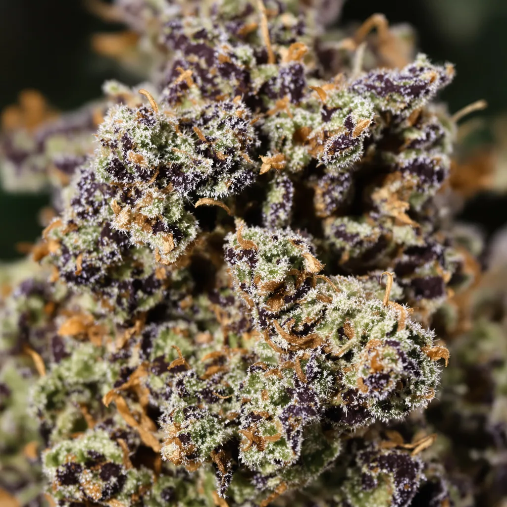 Primer plano de cogollo de cannabis Sin City Kush mostrando cálices densos con tonos morados
