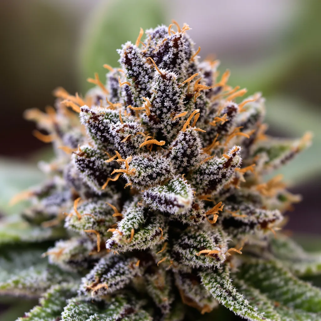 Primer plano de cogollo de cannabis Sirius Black mostrando cálices densos con tonos morados