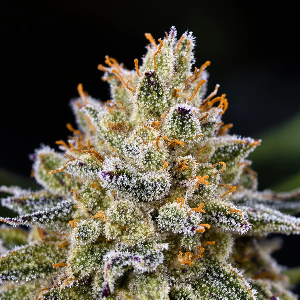 Primer plano de cogollo de cannabis Sister Glue mostrando estructura equilibrada con tricomas escarchados