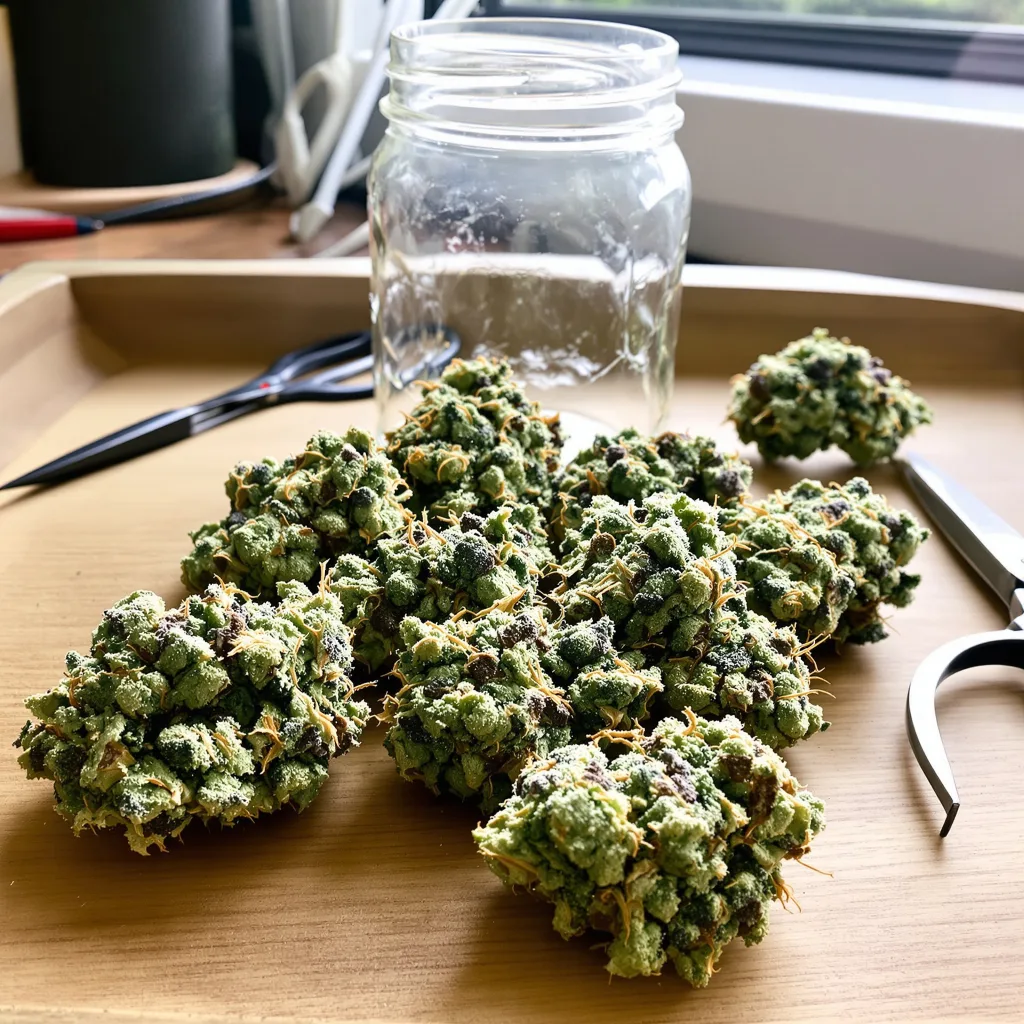 Sister Glue 47% indica / 53% sativa — flor con tricomas visibles