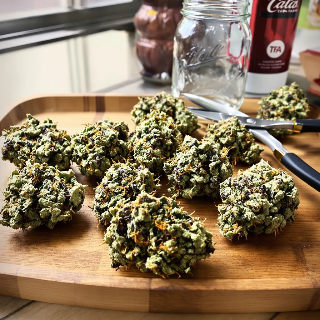 Six Shooter 44% indica / 56% sativa — flor con tricomas visibles