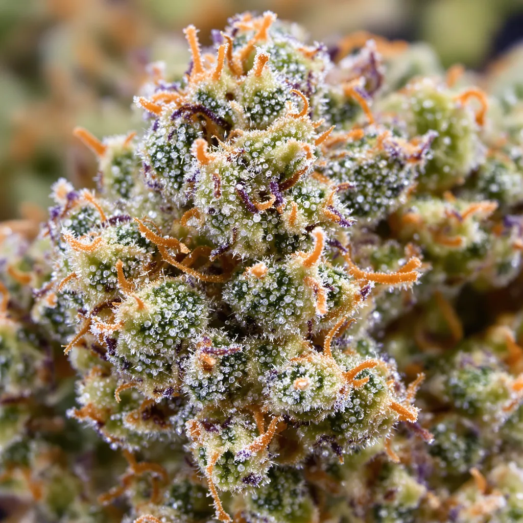Primer plano de cogollo de cannabis Six Shooter mostrando estructura equilibrada con tricomas escarchados
