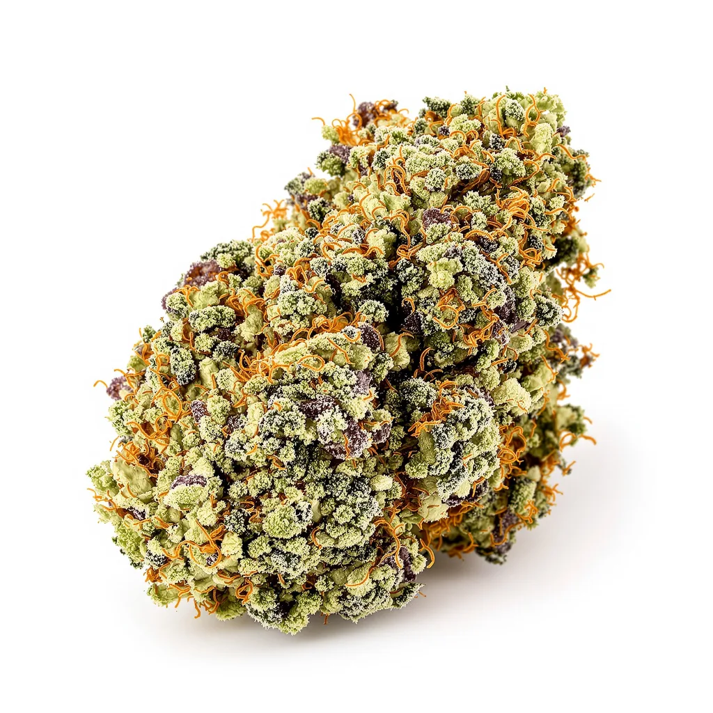 Six Shooter 44% indica / 56% sativa — flor con tricomas visibles