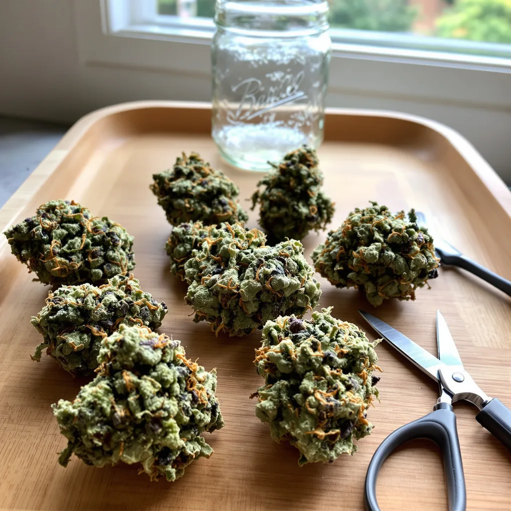 Six Shooter 44% indica / 56% sativa — flor con tricomas visibles