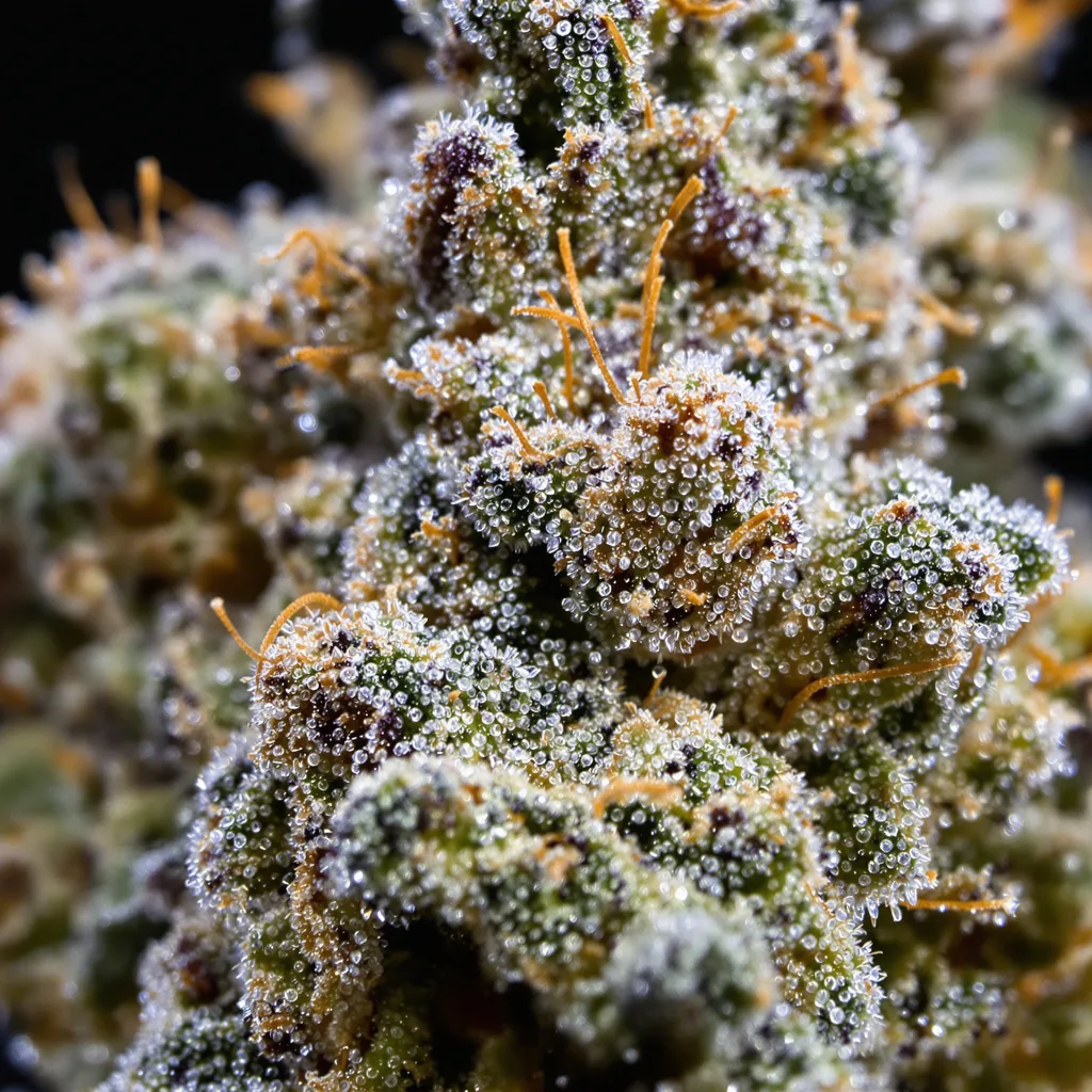 Primer plano de cogollo de cannabis Six Shooter mostrando estructura equilibrada con tricomas escarchados