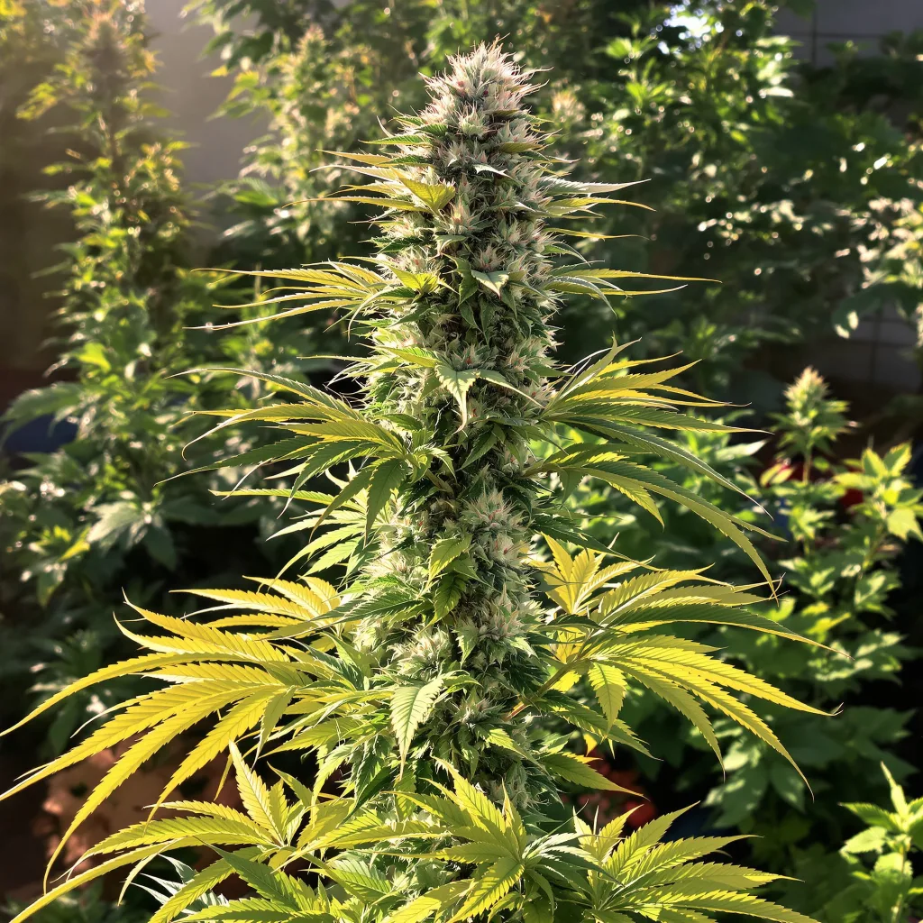 Six Shooter 44% indica / 56% sativa — flor con tricomas visibles