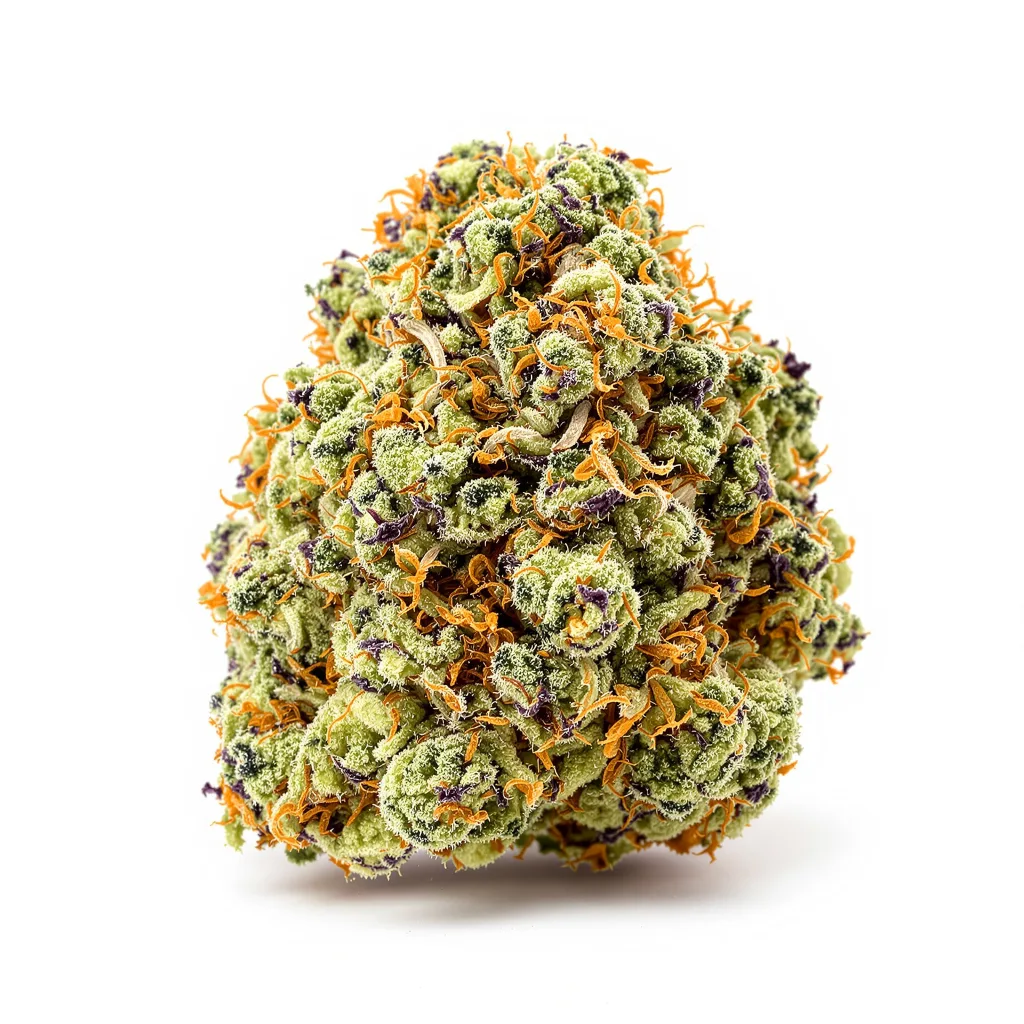 Six Shooter 44% indica / 56% sativa — flor con tricomas visibles