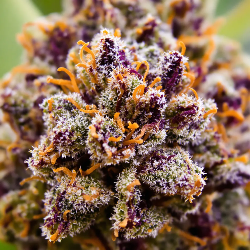 Primer plano de cogollo de cannabis Skunk mostrando cálices densos con tonos morados