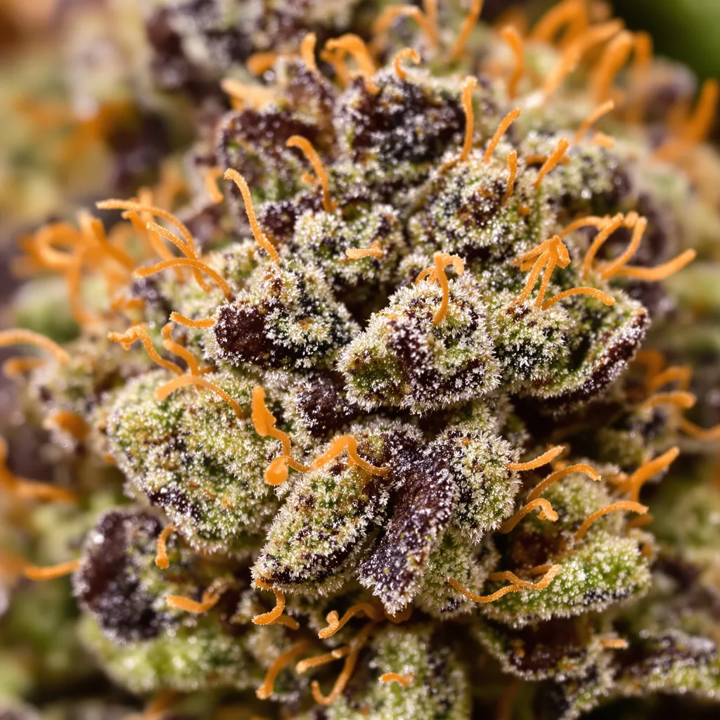 Primer plano de cogollo de cannabis Skunk Diesel mostrando cálices densos con tonos morados