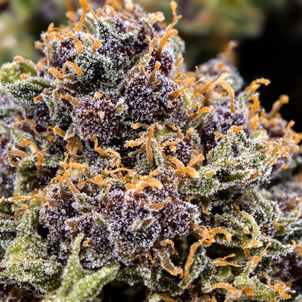 Primer plano de cogollo de cannabis Skunk mostrando cálices densos con tonos morados