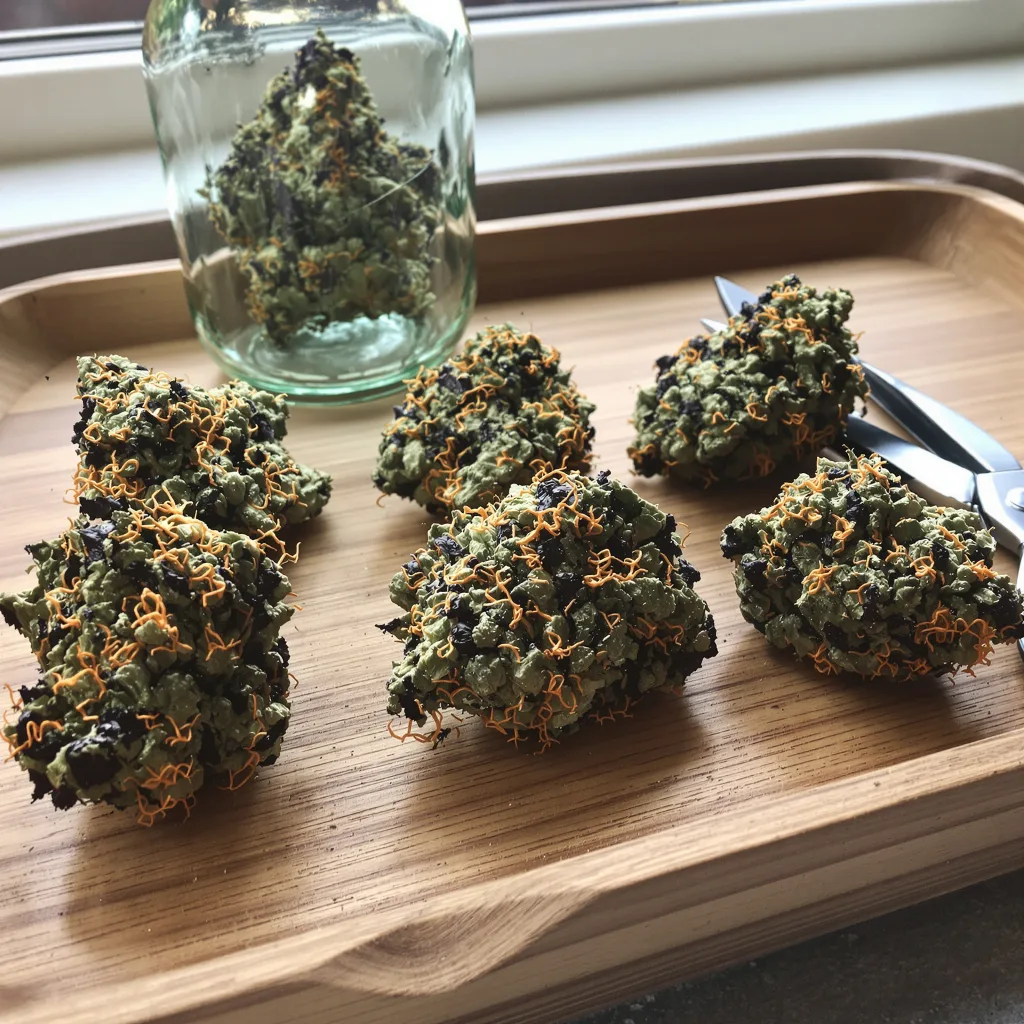 Skunk Kush 77% indica / 23% sativa — flor con tricomas visibles