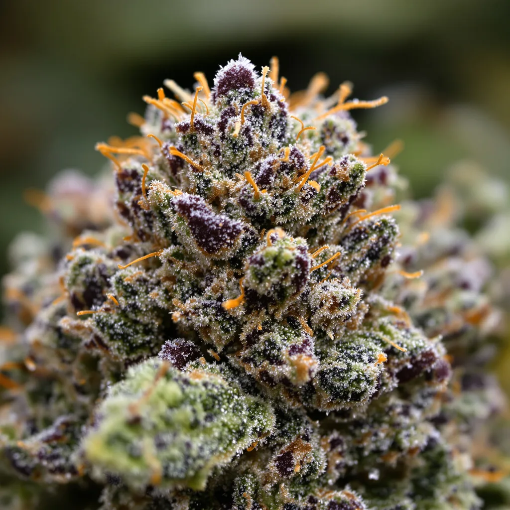 Primer plano de cogollo de cannabis Skunk Kush mostrando cálices densos con tonos morados