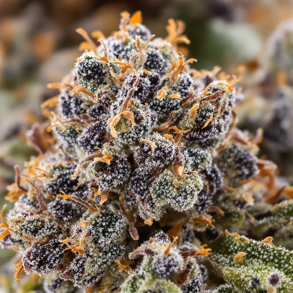 Primer plano de cogollo de cannabis Skunky Afro mostrando cálices densos con tonos morados
