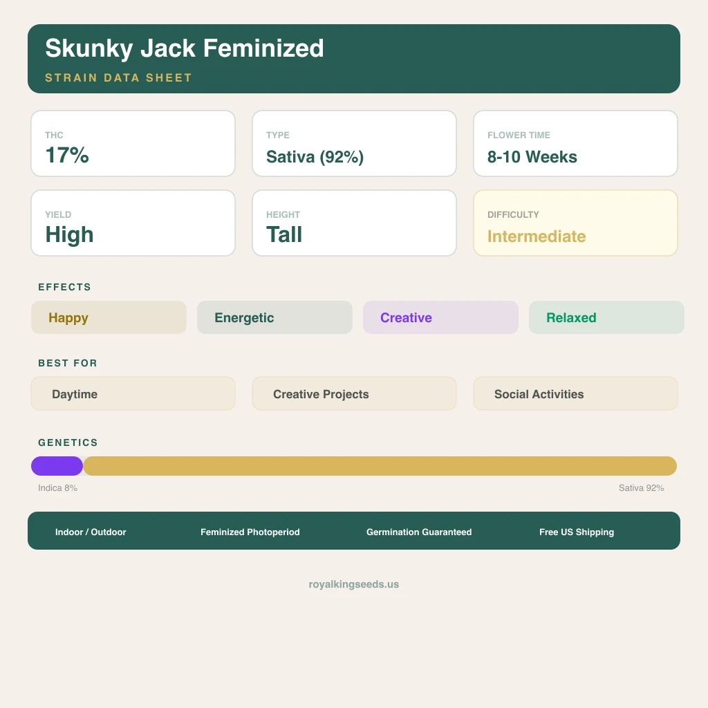 Skunky Jack 8% indica / 92% sativa — flor con tricomas visibles