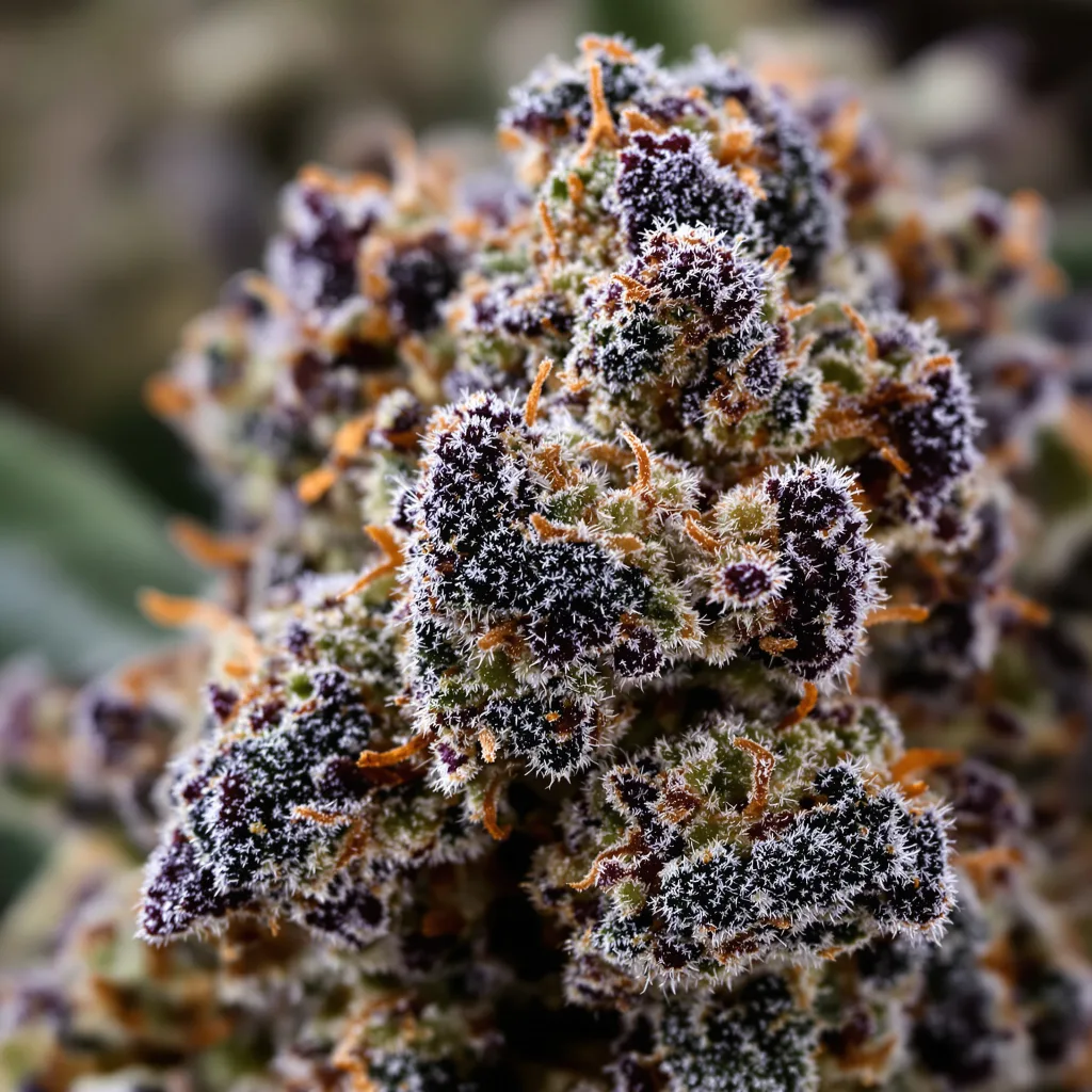 Primer plano de cogollo de cannabis Skywalker Alien mostrando cálices densos con tonos morados
