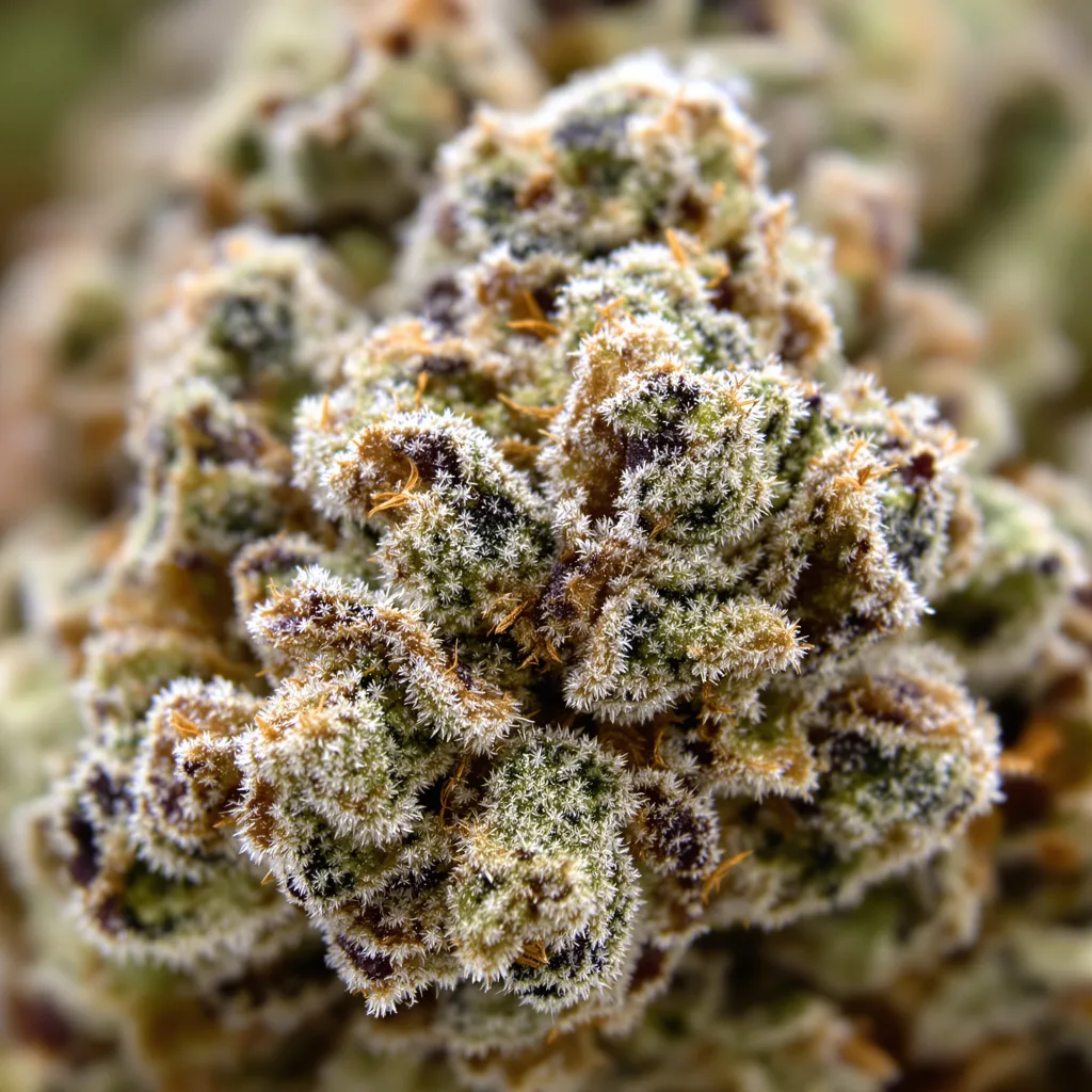 Primer plano de cogollo de cannabis Snoop's Dream mostrando estructura equilibrada con tricomas escarchados