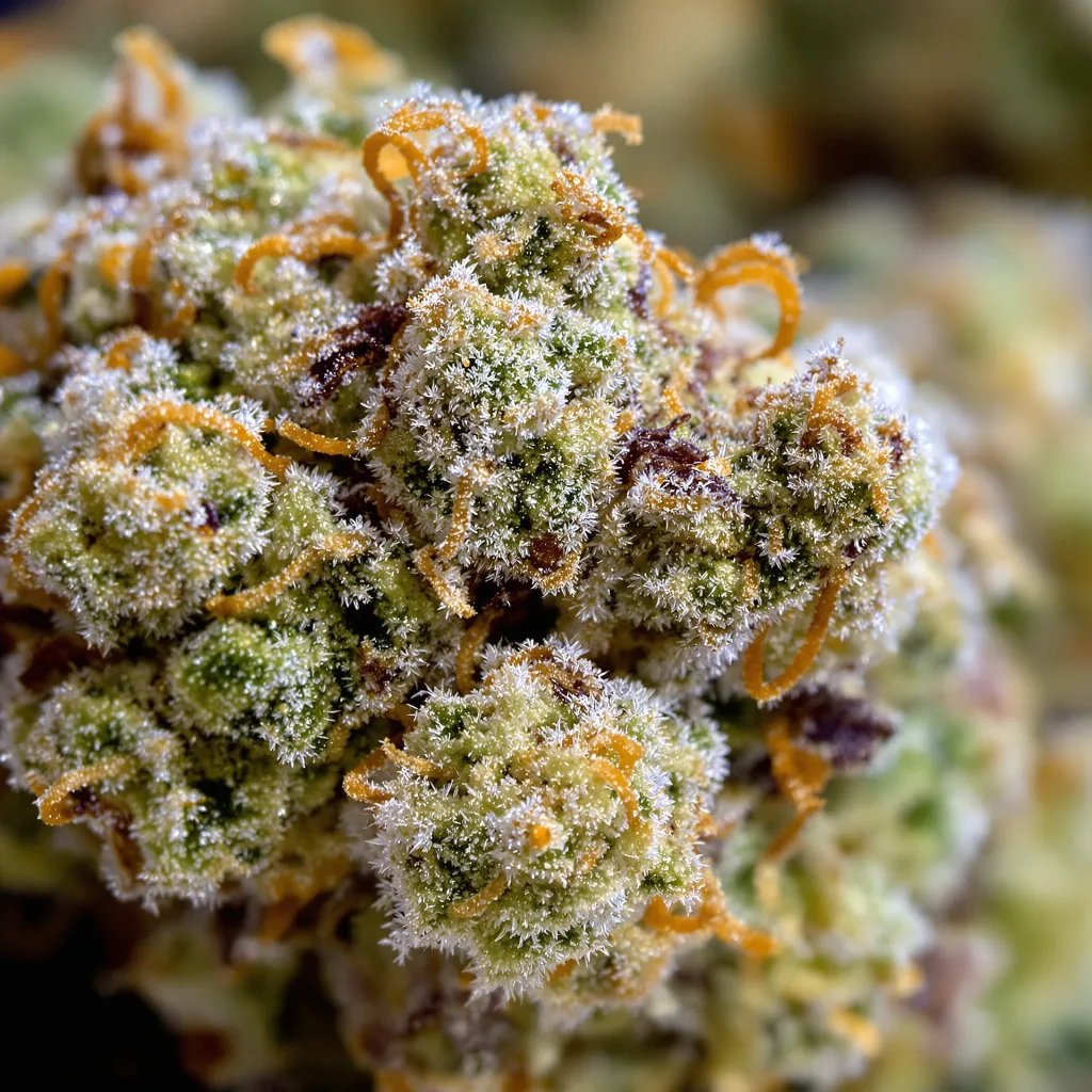 Primer plano de cogollo de cannabis Snow Diesel mostrando estructura equilibrada con tricomas escarchados