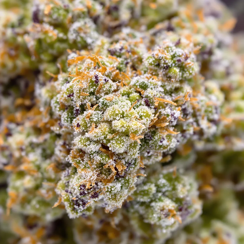 Primer plano de cogollo de cannabis Snow Leopard mostrando estructura equilibrada con tricomas escarchados