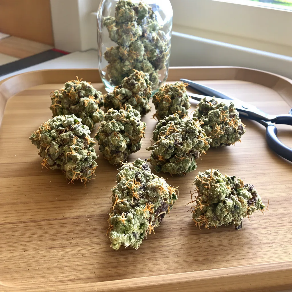 Snow Leopard 44% indica / 56% sativa — flor con tricomas visibles