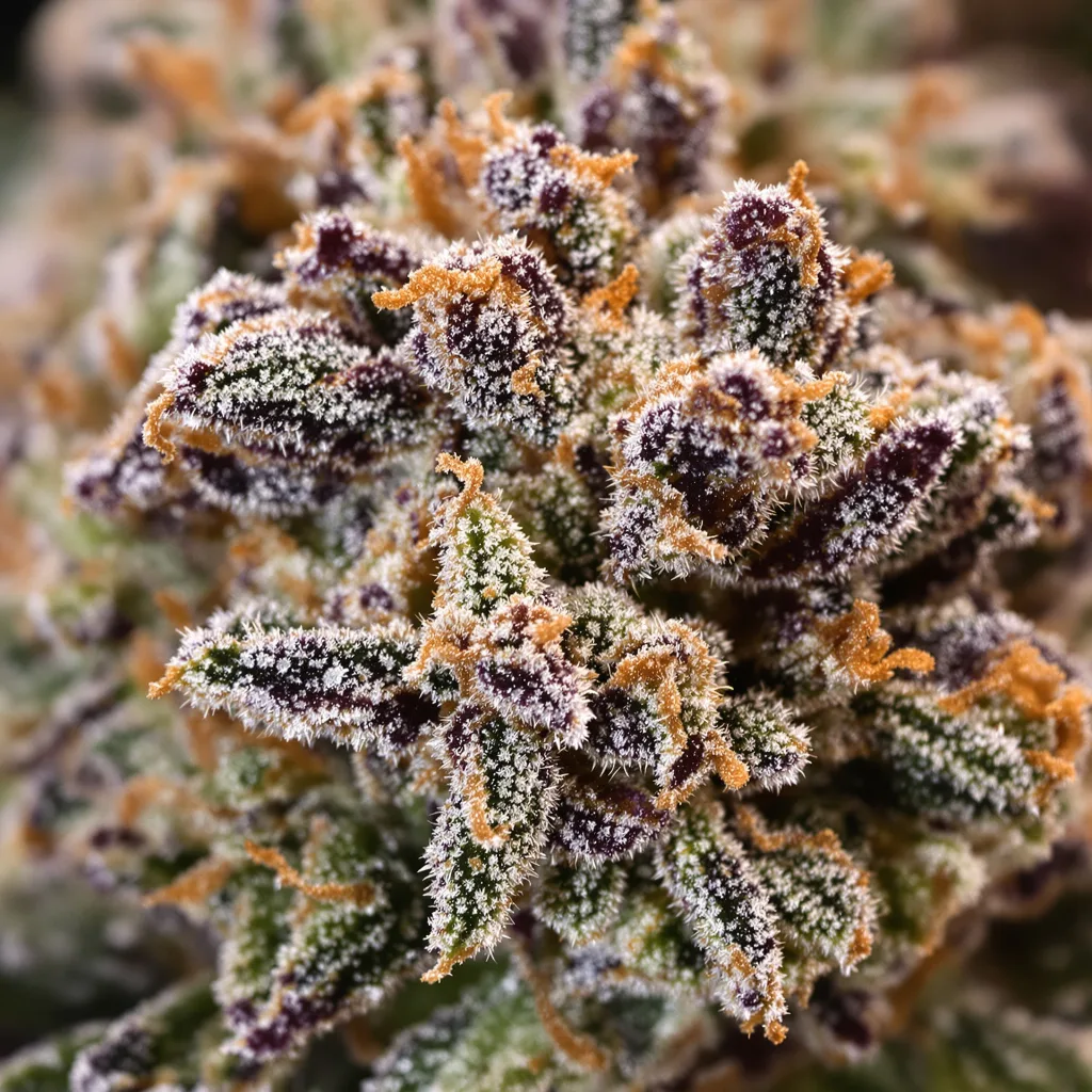 Primer plano de cogollo de cannabis Snow White mostrando cálices densos con tonos morados