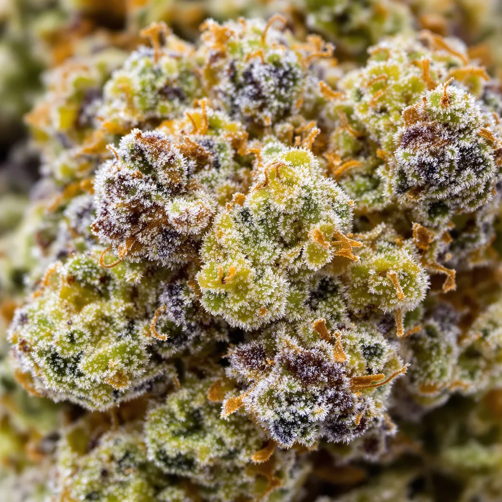 Primer plano de cogollo de cannabis Snowcap Dream mostrando estructura equilibrada con tricomas escarchados