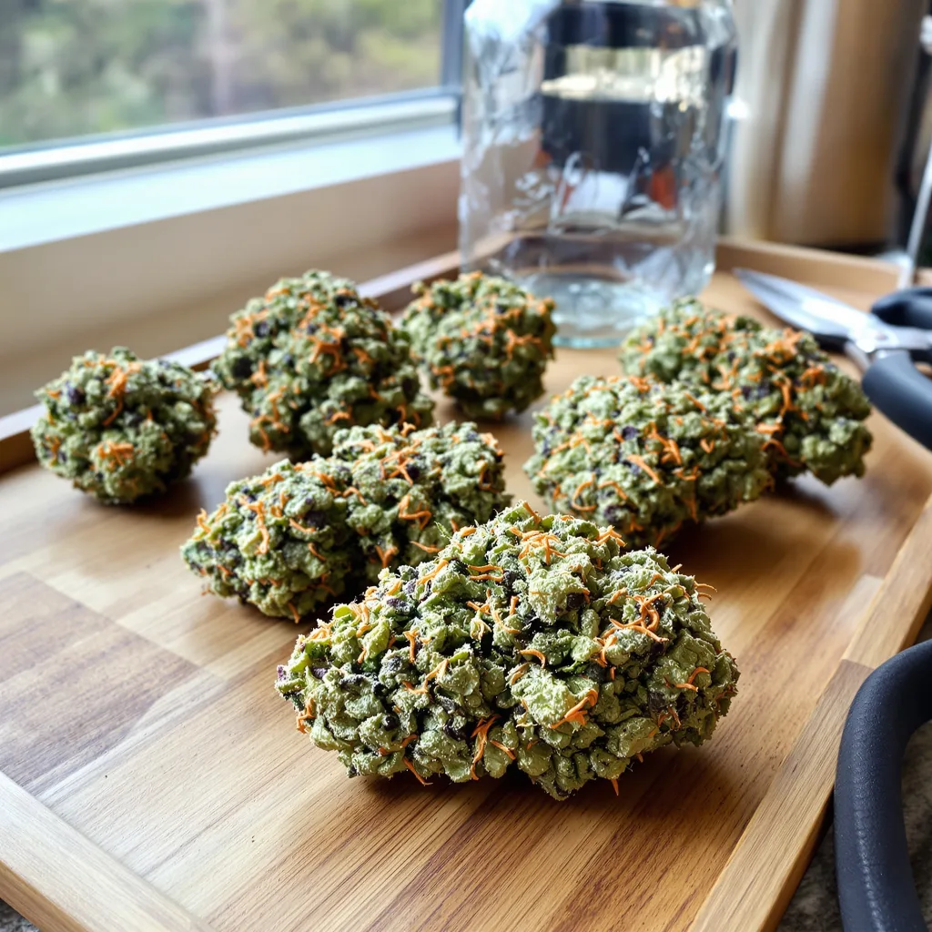 Snowcap 50% indica / 50% sativa — flor con tricomas visibles