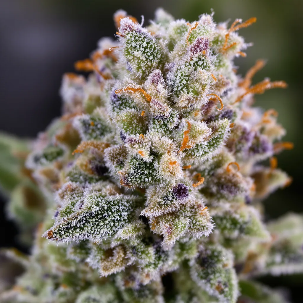 Primer plano de cogollo de cannabis Snowcap mostrando estructura equilibrada con tricomas escarchados