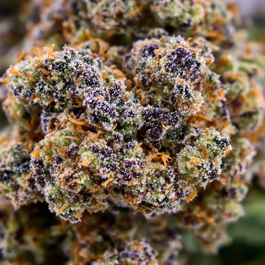 Primer plano de cogollo de cannabis Somango mostrando cálices densos con tonos morados