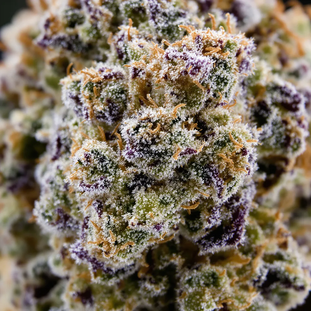 Primer plano de cogollo de cannabis Sour Ape mostrando estructura equilibrada con tricomas escarchados