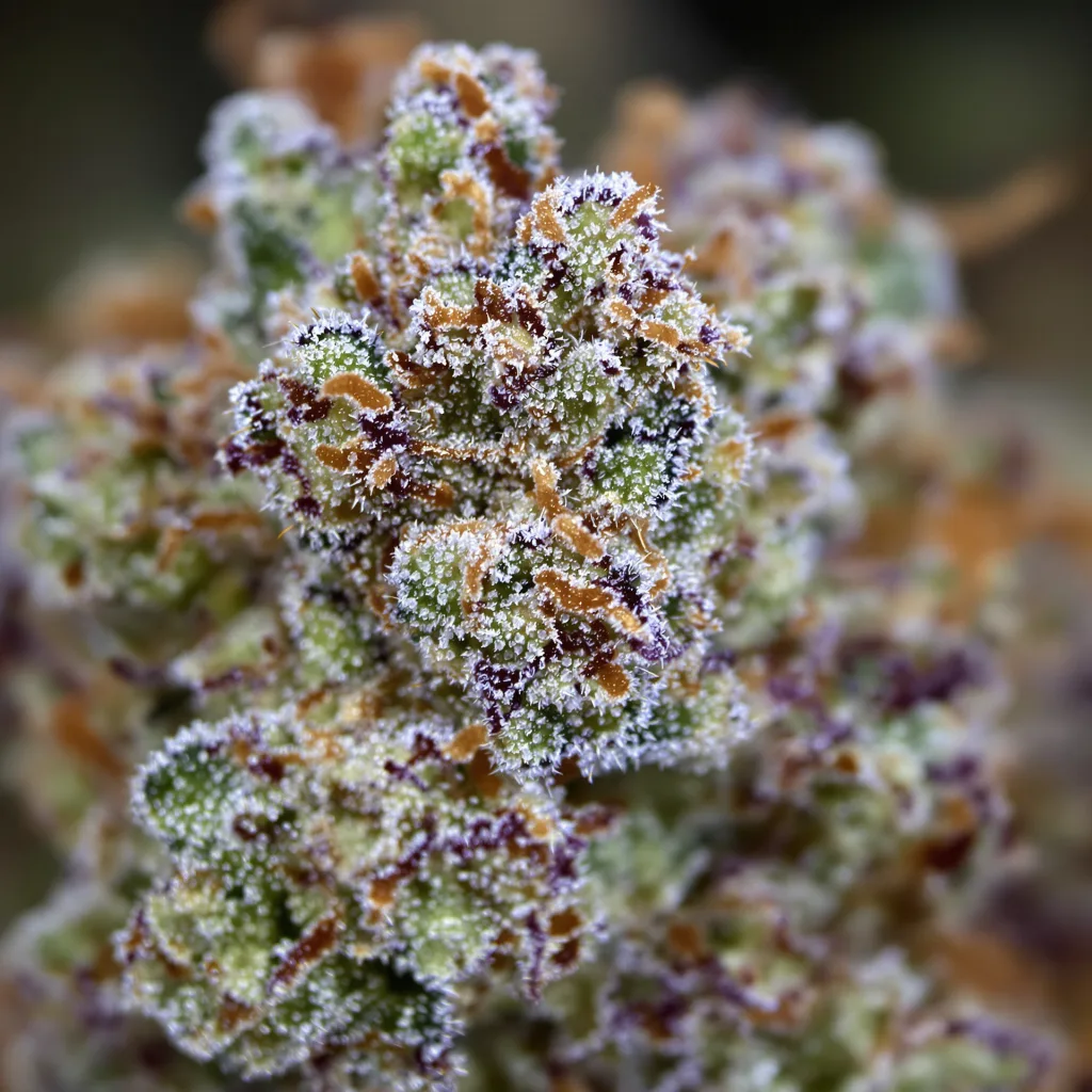 Primer plano de cogollo de cannabis Sour Ape mostrando estructura equilibrada con tricomas escarchados