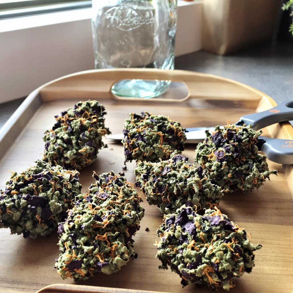 Sour Apple 81% indica / 19% sativa — flor con tricomas visibles