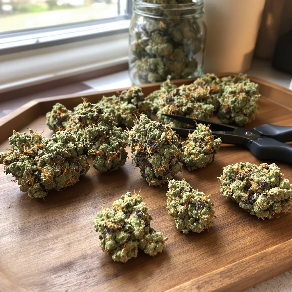 Sour Bubba 47% indica / 53% sativa — flor con tricomas visibles