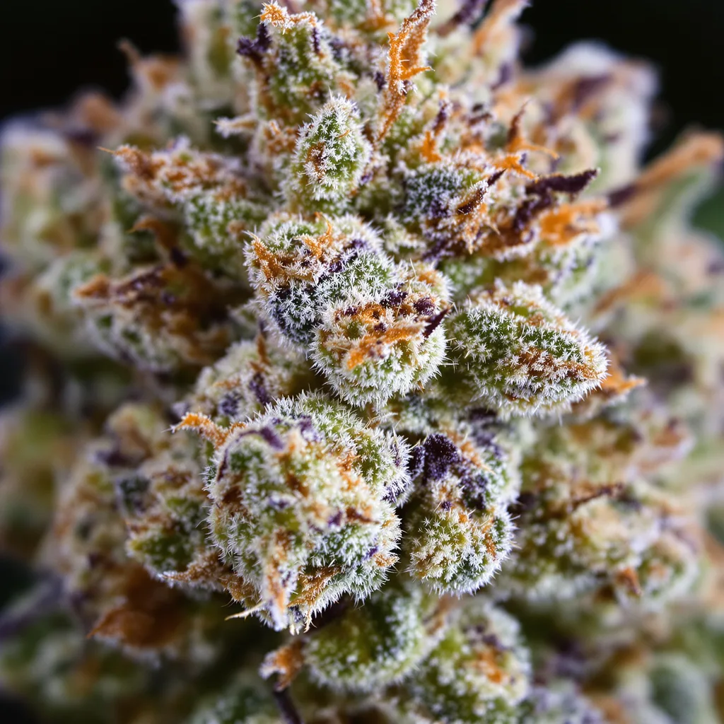 Primer plano de cogollo de cannabis Sour Bubba mostrando estructura equilibrada con tricomas escarchados