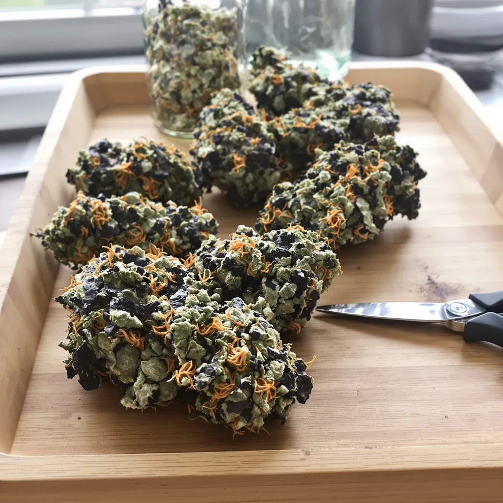 Sour Bubble 81% indica / 19% sativa — flor con tricomas visibles