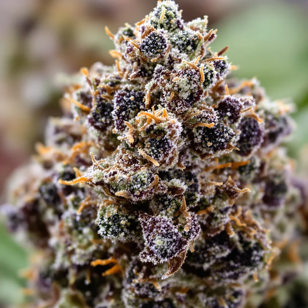 Primer plano de cogollo de cannabis Sour Bubble mostrando cálices densos con tonos morados