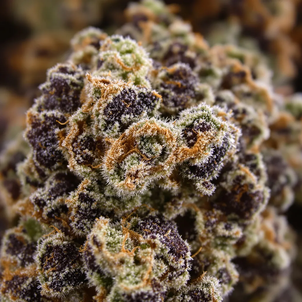 Primer plano de cogollo de cannabis Sour Bubble mostrando cálices densos con tonos morados