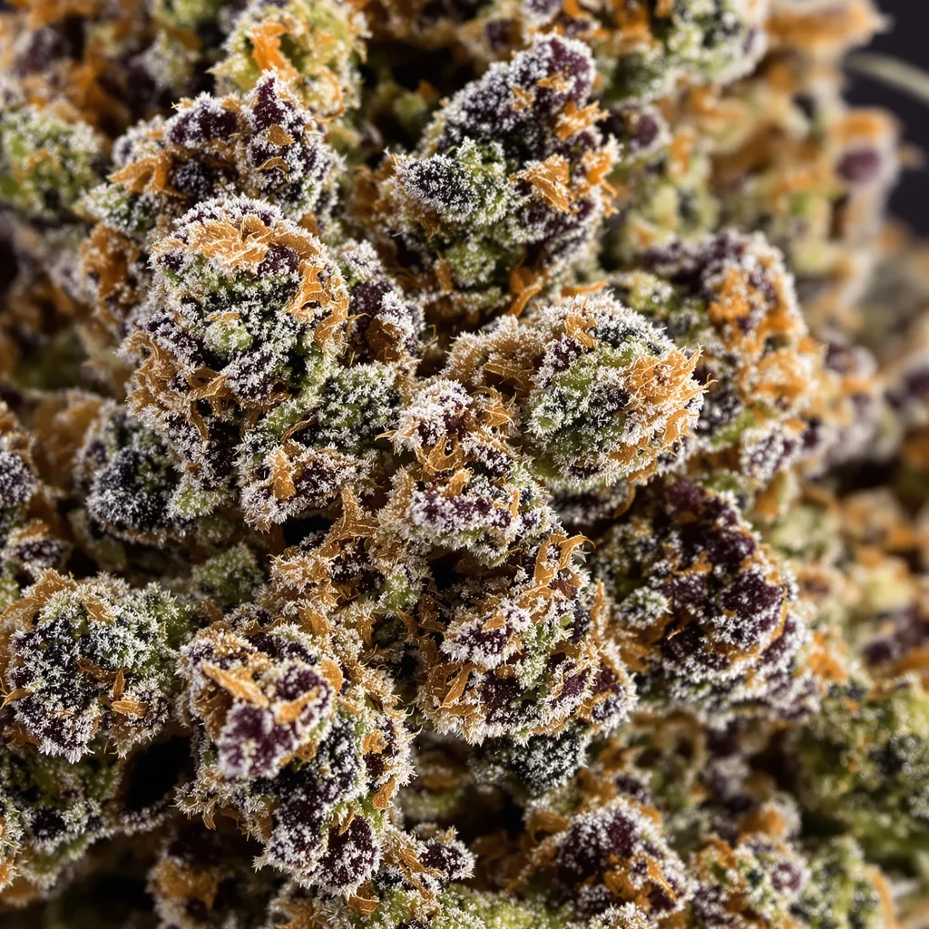 Primer plano de cogollo de cannabis Sour Cheese mostrando cálices densos con tonos morados