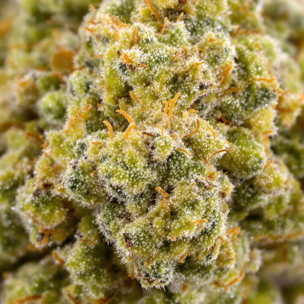 Primer plano de cogollo de cannabis Sour Cookies mostrando estructura aireada verde lima