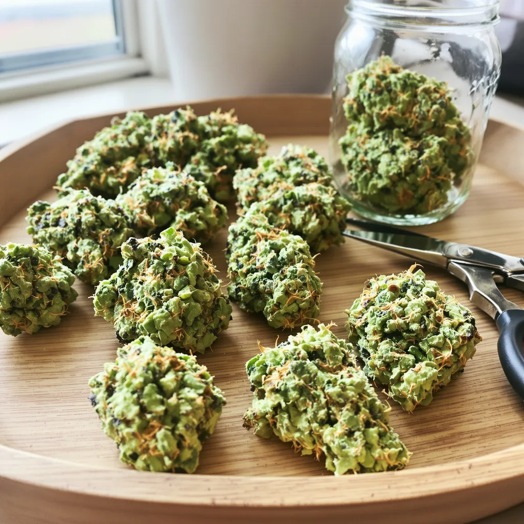 Sour Cream 17% indica / 83% sativa — flor con tricomas visibles