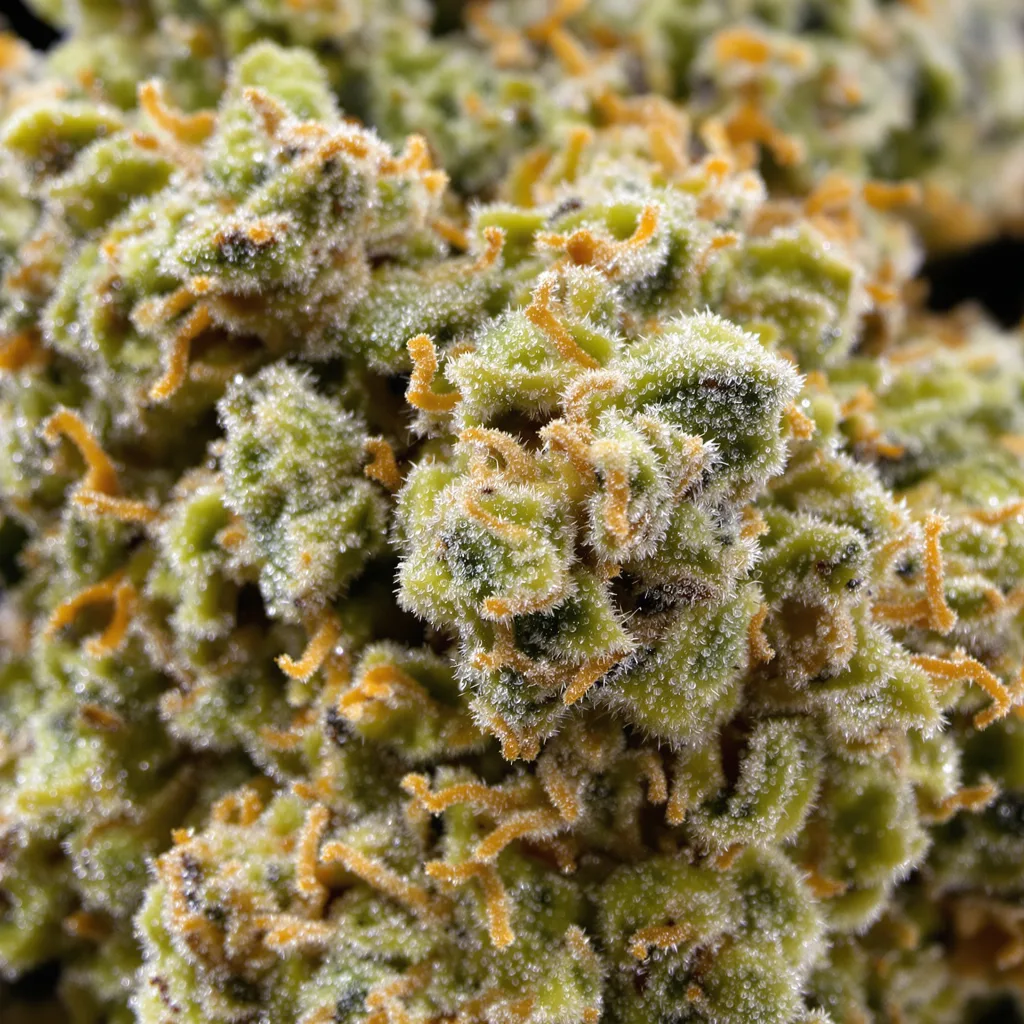 Primer plano de cogollo de cannabis Sour Diesel mostrando estructura aireada verde lima