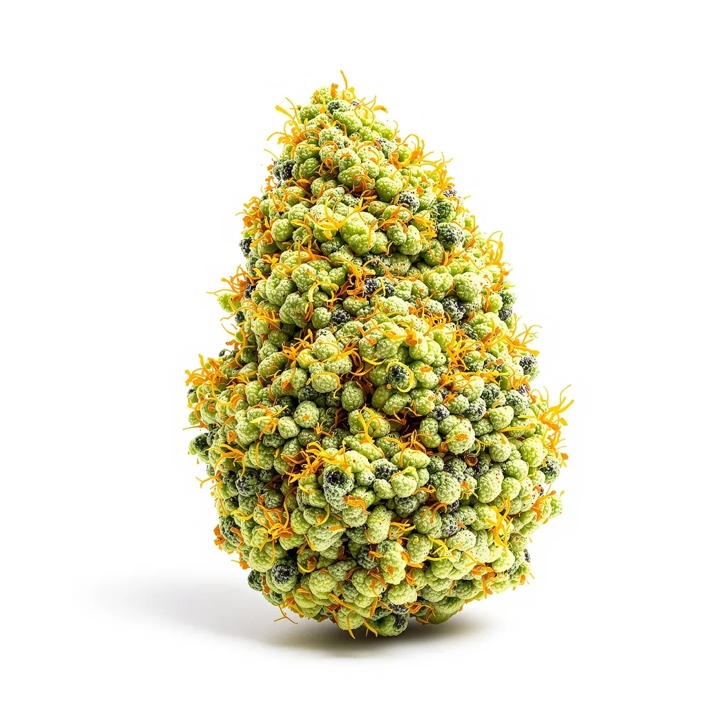 Sour Diesel 11% indica / 89% sativa — flor con tricomas visibles