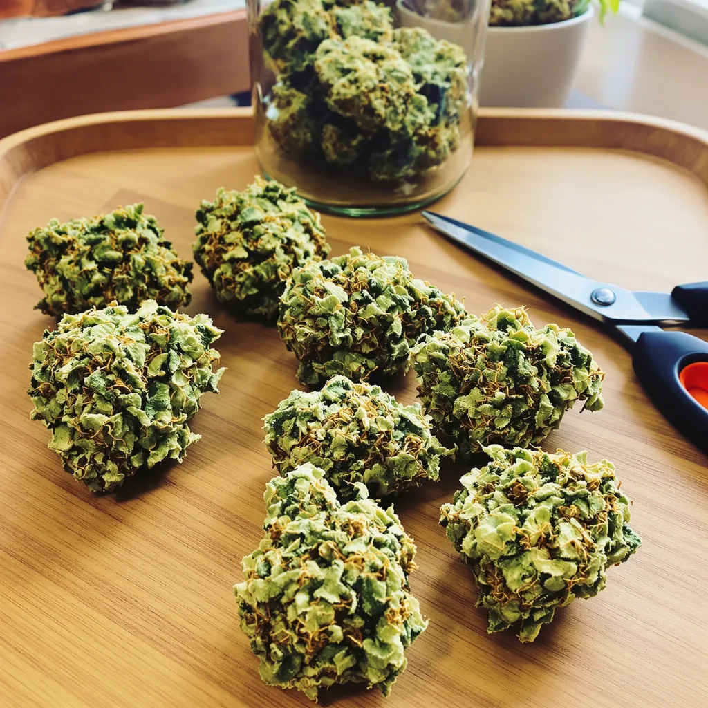 Sour Dream 12% indica / 88% sativa — flor con tricomas visibles