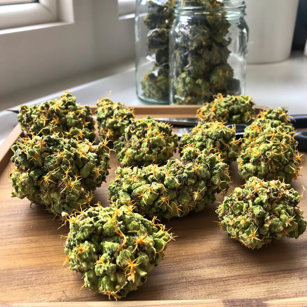 Sour Jack 18% indica / 82% sativa — flor con tricomas visibles