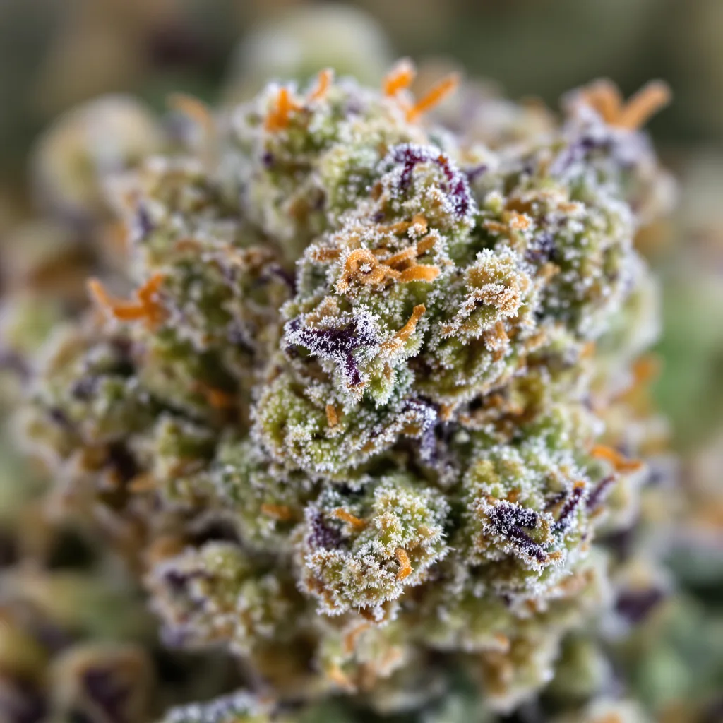 Primer plano de cogollo de cannabis Sour Kush mostrando estructura equilibrada con tricomas escarchados