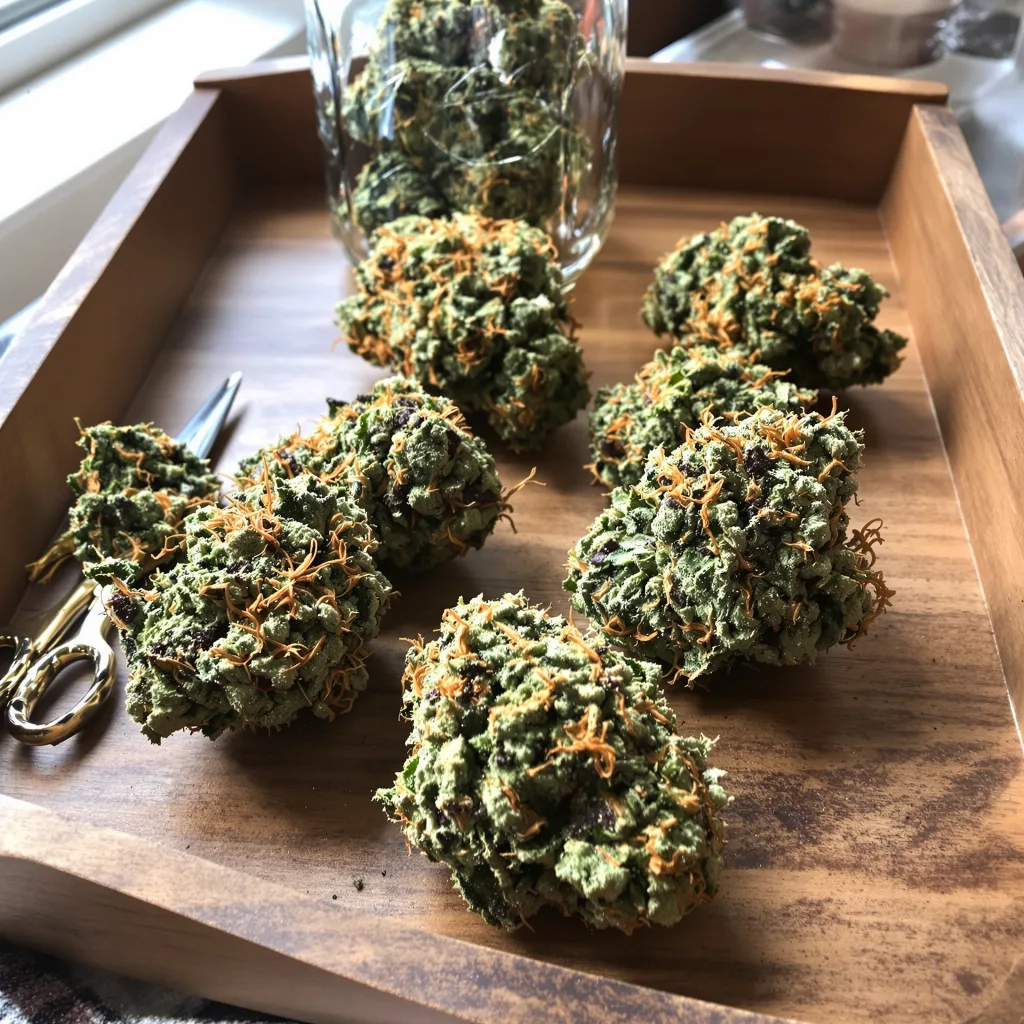 Sour Kush 50% indica / 50% sativa — flor con tricomas visibles