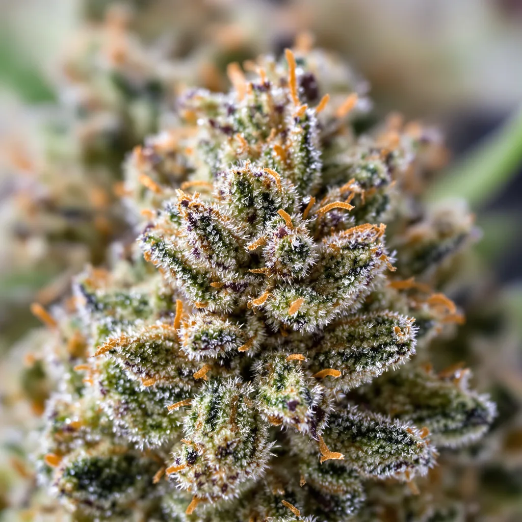 Primer plano de cogollo de cannabis Sour Kush mostrando estructura equilibrada con tricomas escarchados